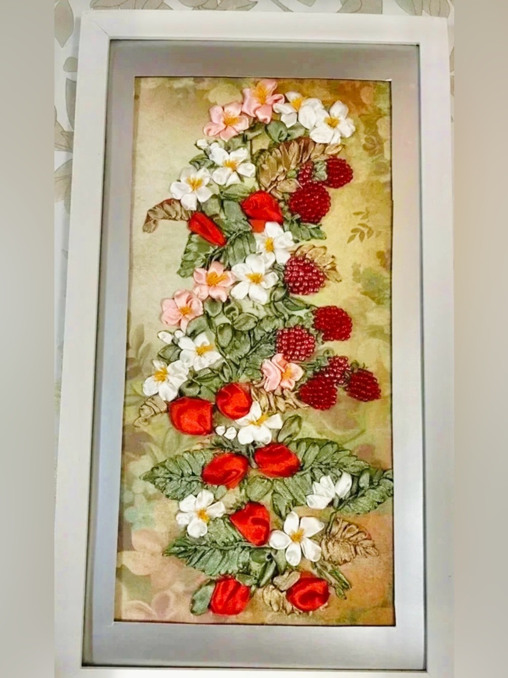 Handmade Beaded And Lace Embroidery Picture Art Decor Raspberry 9”x17”